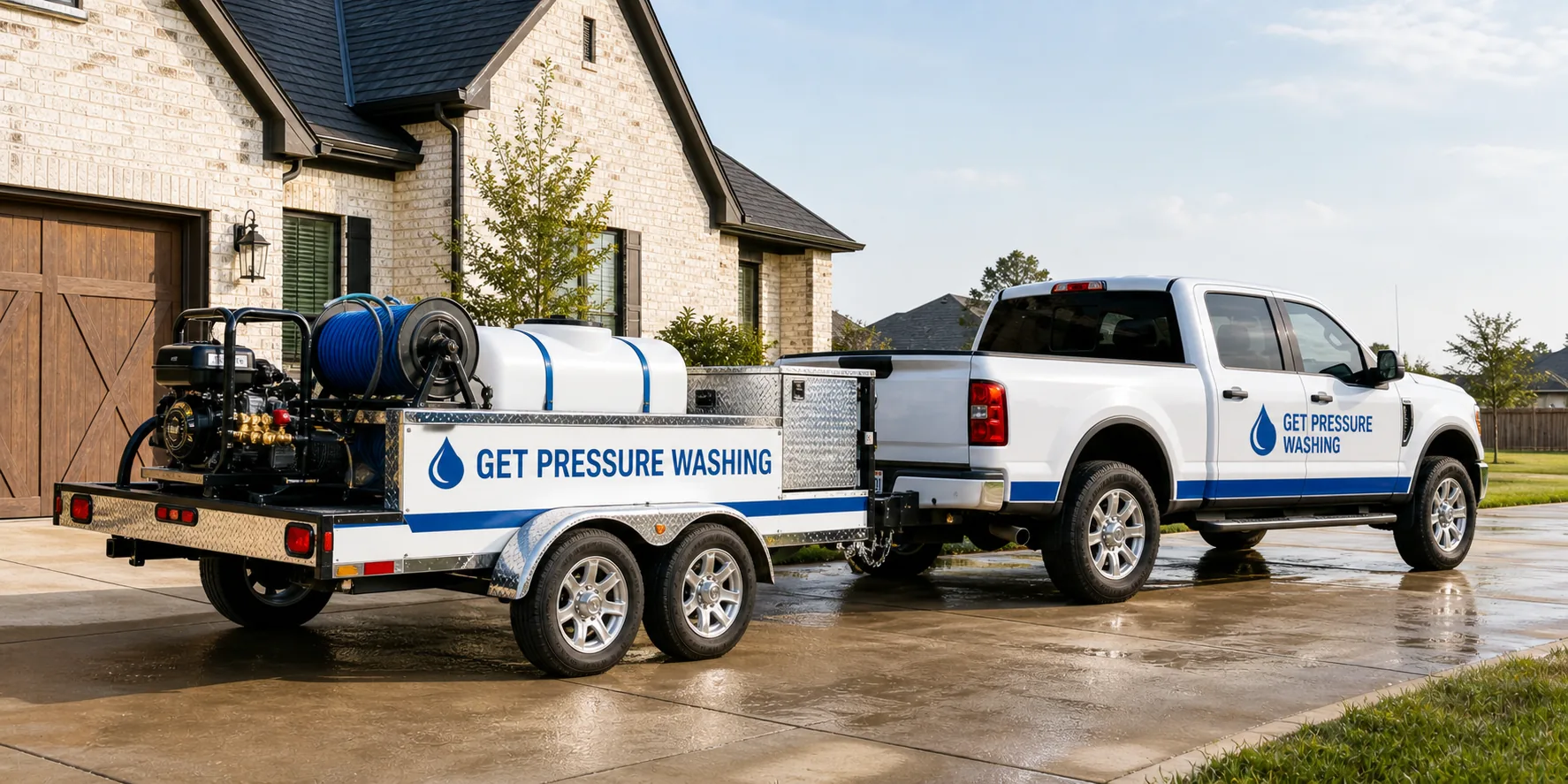 Representative Get Pressure Washing branded trailer and equipment concept.